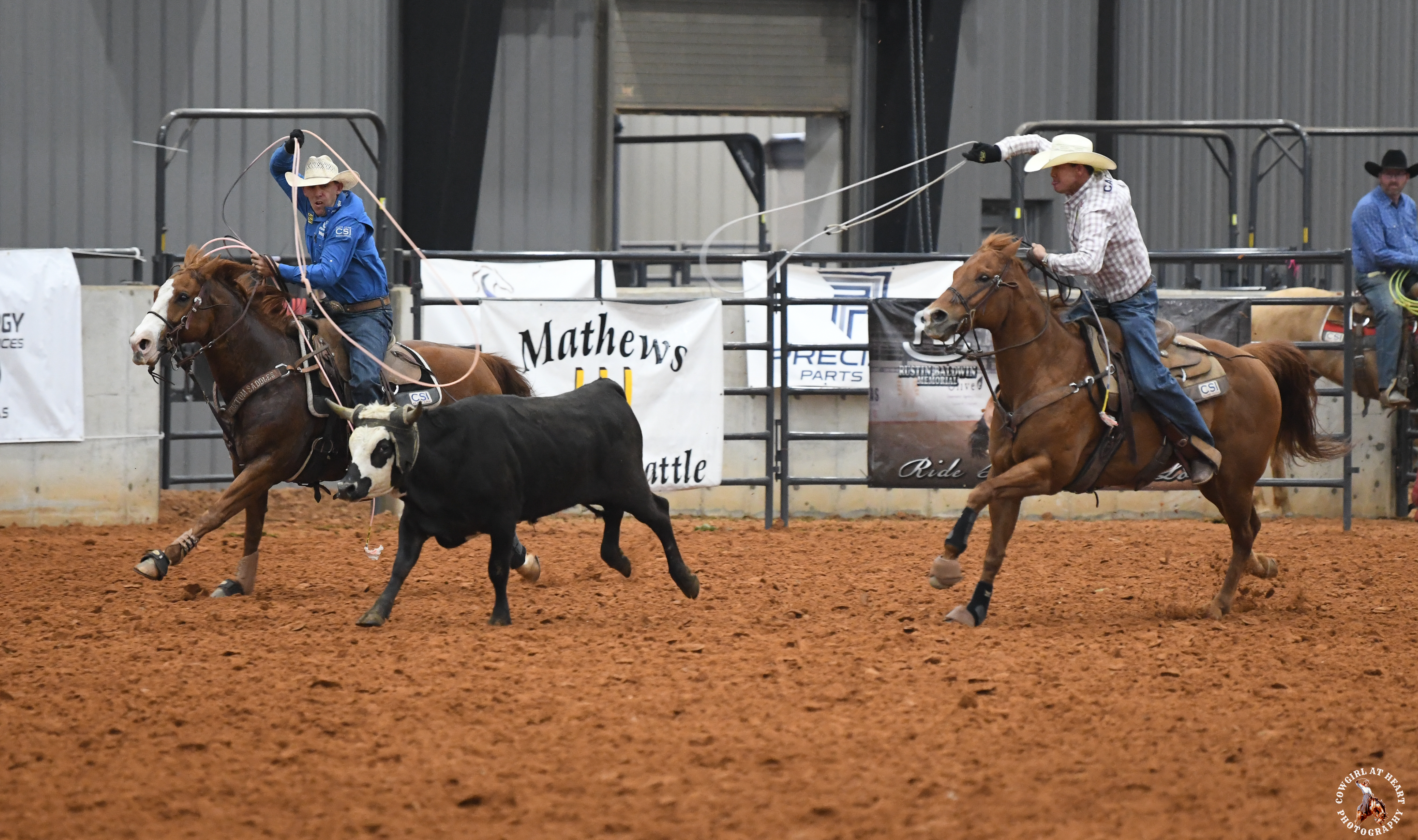 Team ropers competing on Mathews Land & Cattle stock