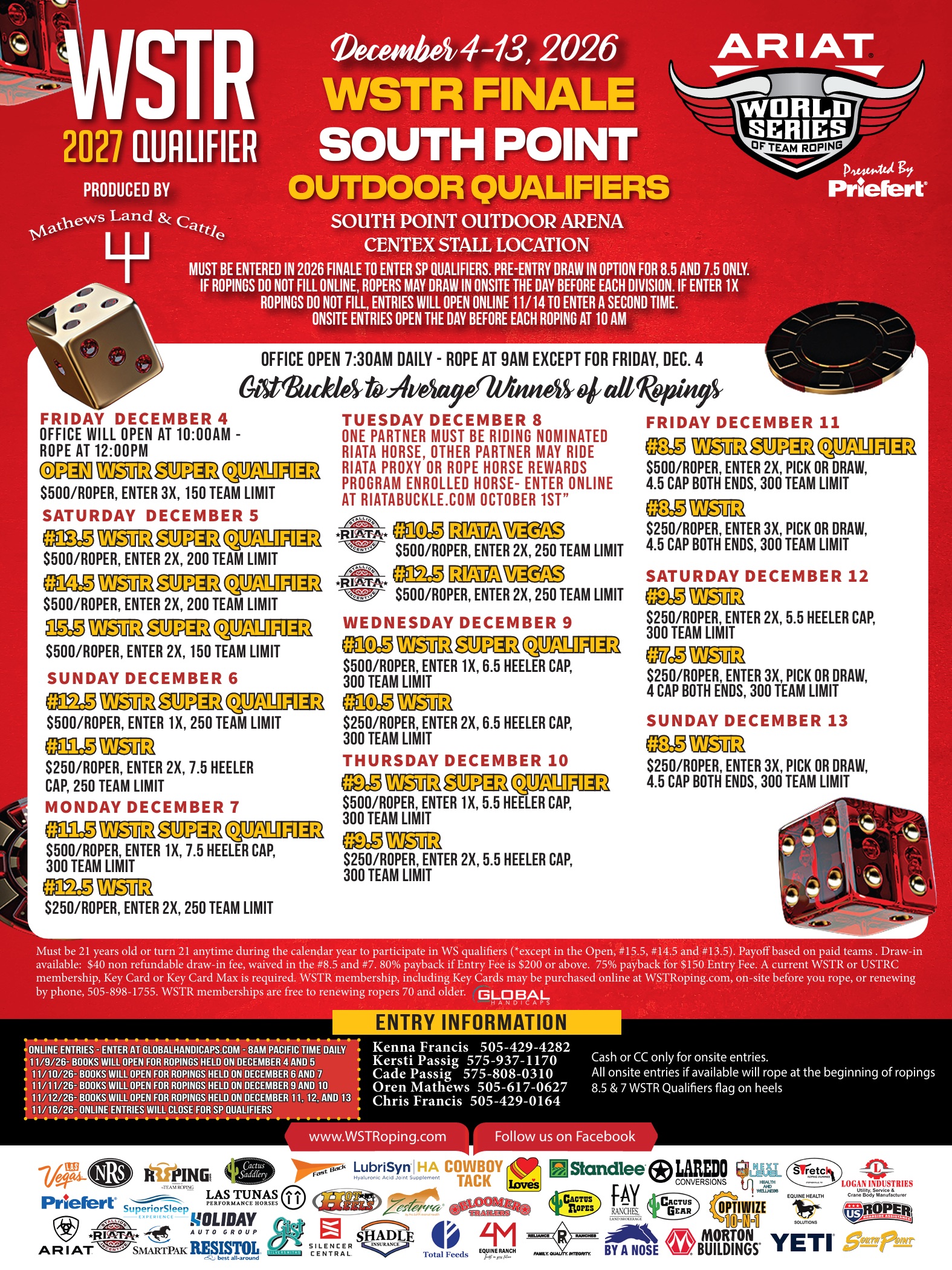 WSTR South Point Outdoor Qualifiers schedule, produced by Mathews Land & Cattle, December 4-13, 2026
